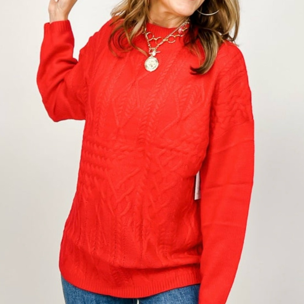 NEW! Mock Neck Red Cable Knit Sweater L Dear Scarlett